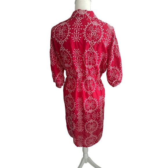 ZARA Red White Embroidered Tie Waist Dress Size Medium - Picture 5 of 9